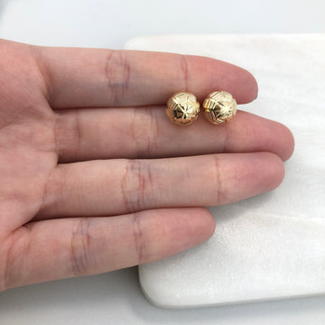 18K Gold Layered Oro Laminado 10 mm Texturized Stud Ball Push Back Earrings Wholesale 21.0234